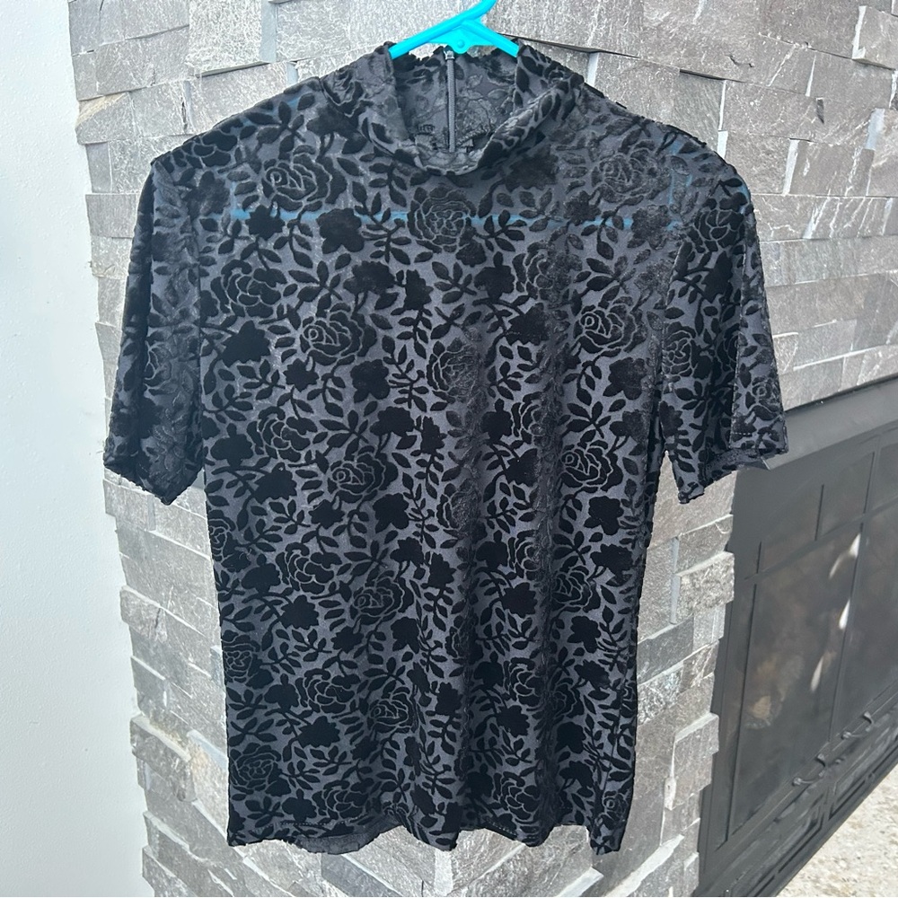 New York & Co Black Burnout Velvet Floral Top